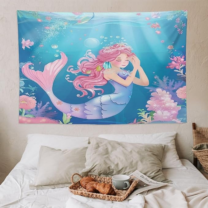 HZOHNAGO Mermaid Girls Tapestry Watercolor Flowers Mermaid Princess Blessing Pattern for Kids Room Decoration Printed Wall Tapestry Wall Hanging for Bedroom Living Room Dorm 90" W x 60" H-Ruum Studio Home