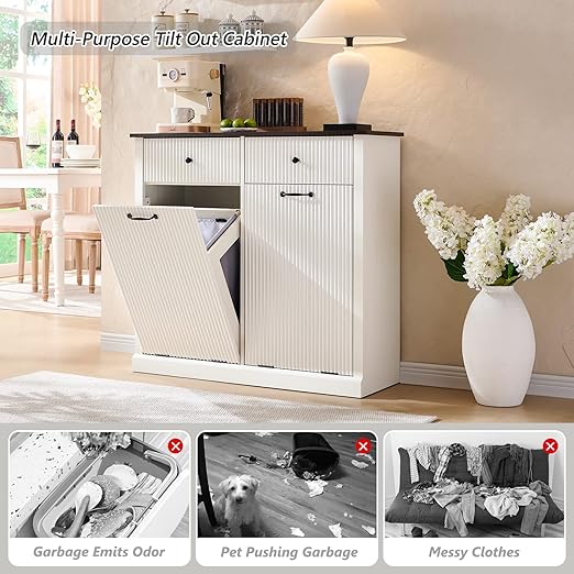 Modern Double Tilt-Out Trash Cabinet, 20 Gallon Fluted Laundry Hamper Cabinet w/2 Drawers, Wooden Hidden Garbage Can Cabinets with Storage Basket,Free Standing for Kitchen & Living Room, White-Ruum Studio Home