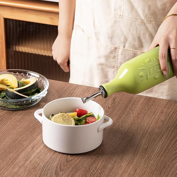 Sweejar Large Olive Oil Dispenser Bottle with Spout, 24 Oz Ceramic Oil Dispenser for Kitchen, Relief Opaque Oil Cruet, Oil Container for Cooking, EVOO, Avocado Oil, Vinegar, Pack of 1(Gradient Green)-Ruum Studio Home