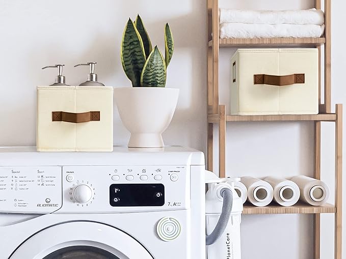 StorageWorks Storage Baskets for Shelves, Foldable Fabric Closet Storage Bins with PU Handles, Fabric Storage Bins Clothes Organizer, Ivory White, 3-Pack, Small-Ruum Studio Home