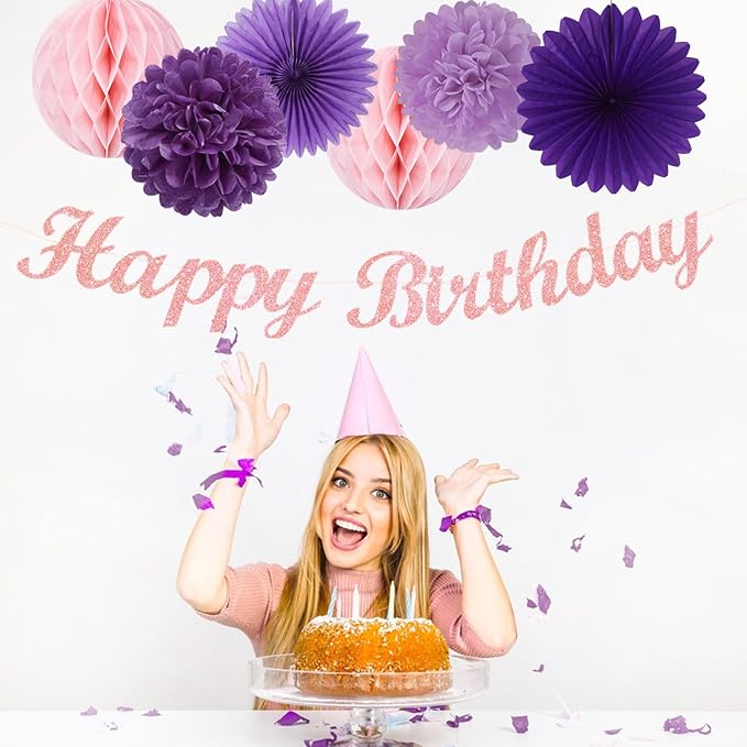 Purple Pink Birthday Party-Decorations Paper-Flowers - 14pcs Happy Banner Lavender Lanterns Tissue Pom Poms,Lilac Streamers Garland Fans Honeycomb,Women Girls Adult Kids Hanging Supplies Decor Hugfond-Ruum Studio Home