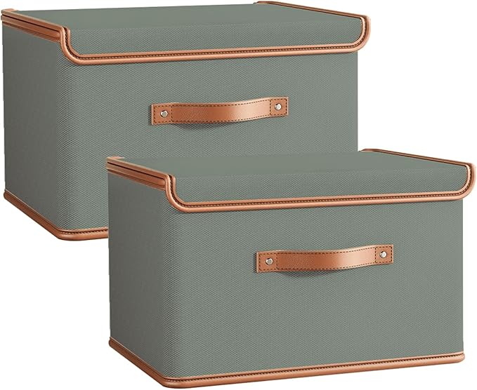 Tuza 2 Pack Storage Bins with Lids, Collapsible Closet Organizer Container, Fabric Organizer Box with Handles, Decorative Storage Boxes with Lids for Organizing Clothes, Blanket, Grey, Medium-Ruum Studio Home