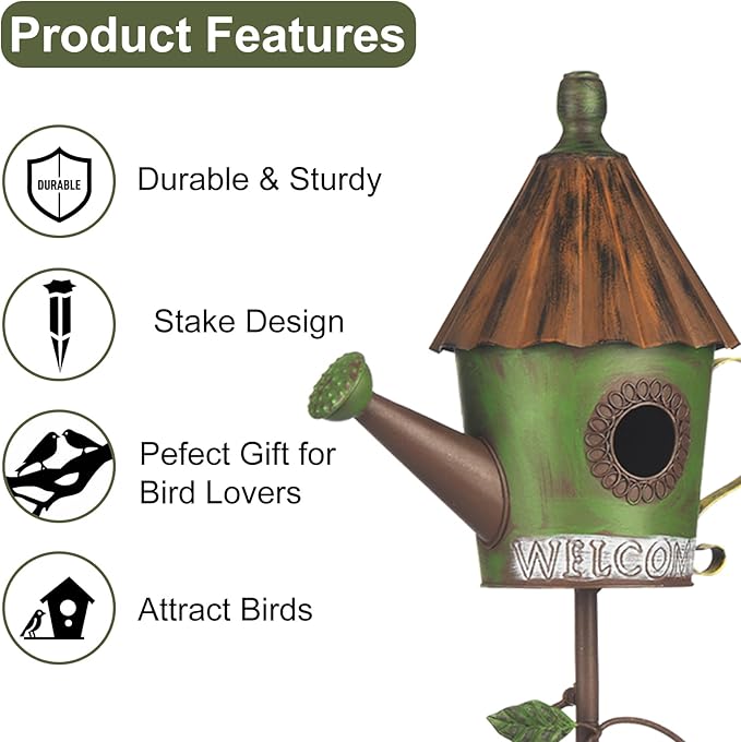 BAYN 57” Bird Houses Stake for Outside, Metal Watering Can Birdhouse Garden Stake Wild Bird Feeder Pole with Welcome Sign Outdoor Decorations for Patio, Backyard, Garden-Ruum Studio Home