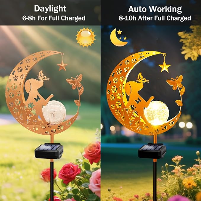 YJFWAL Garden Solar Dog Lights Pathway Stake Lights Glass Globe with Moon Dog Decor, Gifts for Mom Grandma Friends, Outdoor Decor Light Waterproof for Walkway, Yard, Patio or Garden (Warm White)-Ruum Studio Home