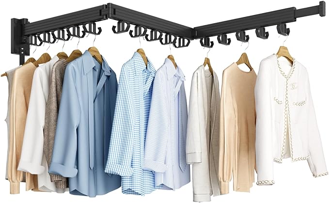 Clothes Drying Rack, Wall Mounted Laundry Drying Rack, Upgrade 3-Fold Foldable Collapsible Retractable Clothing Drying Rack with 12 Dual Hooks Organization for Laundry Room Indoor- Black-Ruum Studio Home