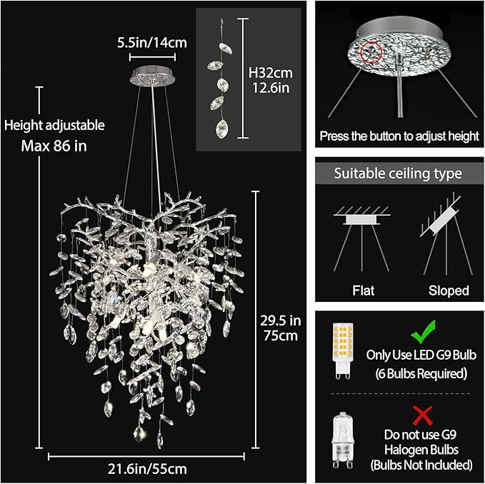 Silver Crystal Tree Branches Chandelier,21 Inchs 6 Lights Modern Round K9 Crystal Chandeliers for Dining Room, Bedroom, Living Room, Foyer,Kitchen Island,Bathroom-Ruum Studio Home