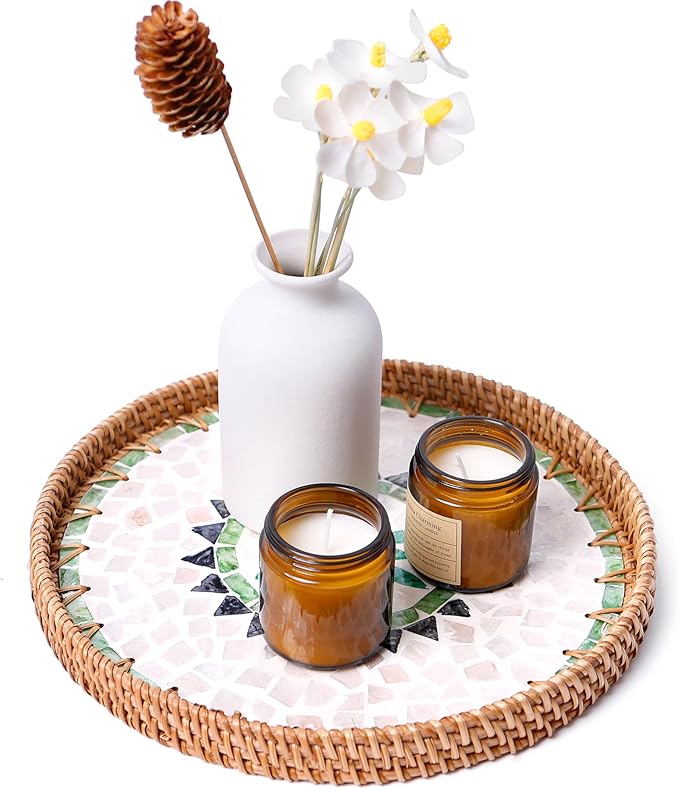 Round Rattan Tray with Mother of Pearl Inlay & Wooden Base - Decorative Wicker Serving Tray for Coffee/Bread/Fruits, Food Storage & Display - Multipurpose Home Decor (M,Bohemia)-Ruum Studio Home