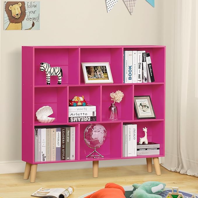 LEYAOYAO 10 Cube Bookshelf,3 Tier Modern Wide Bookcase with Legs,Mid-Century Wood Bookshelves Storage，Pink Large Book Case,Freestanding Organizer Display Shelf for Bedroom,Living Room,Office-Ruum Studio Home