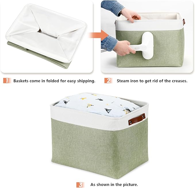DULLEMELO 16 inch Fabric Storage Basket, Decorative Storage Boxes with Leather Handle for Closet Shelf Nursery, Collapsible Linen Storage Bins for Organizing Toys Book Towel Organizers(White&Green)-Ruum Studio Home