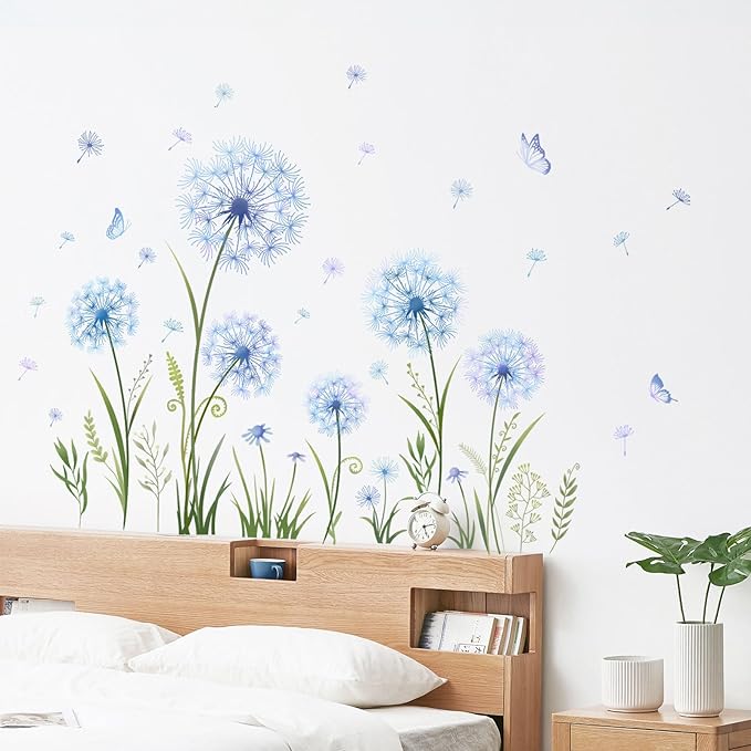 Dandelion Flower Butterfly Wall Decals Blue Dandelion Plants Floral Wall Stickers Peel and Stick Vinyl Wall Art Decor for Living Room Bedroom Office TV Sofa Backdrop Home Decor Gifts for Mom-Ruum Studio Home