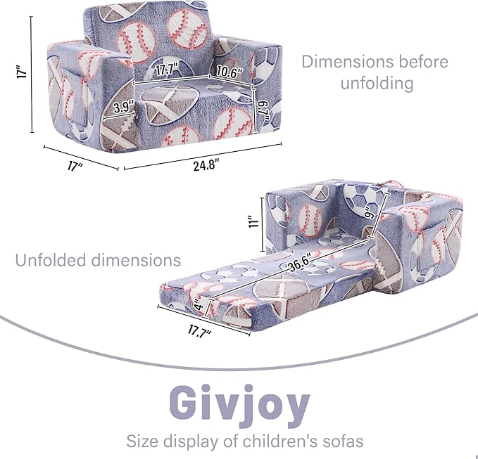 Toddler Chair Kids Couch, 2-in-1 Toddler Soft Sherpa Couch Fold Out Armchair Glow in The Dark with Removable Cover, Convertible Reading Chair Toddler Sofa for Kids, Football-Ruum Studio Home