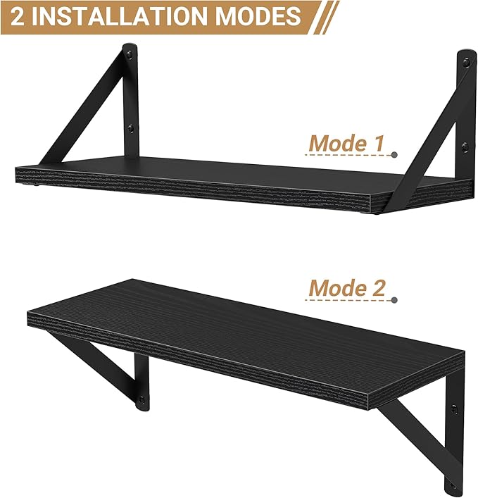 Heimlove Floating Shelves for Wall, 16 Inch Long Wood Floating Shelves Set of 3, Wall Mounted Hanging Shelf for Bathroom Bedroom Kitchen, Black-Ruum Studio Home