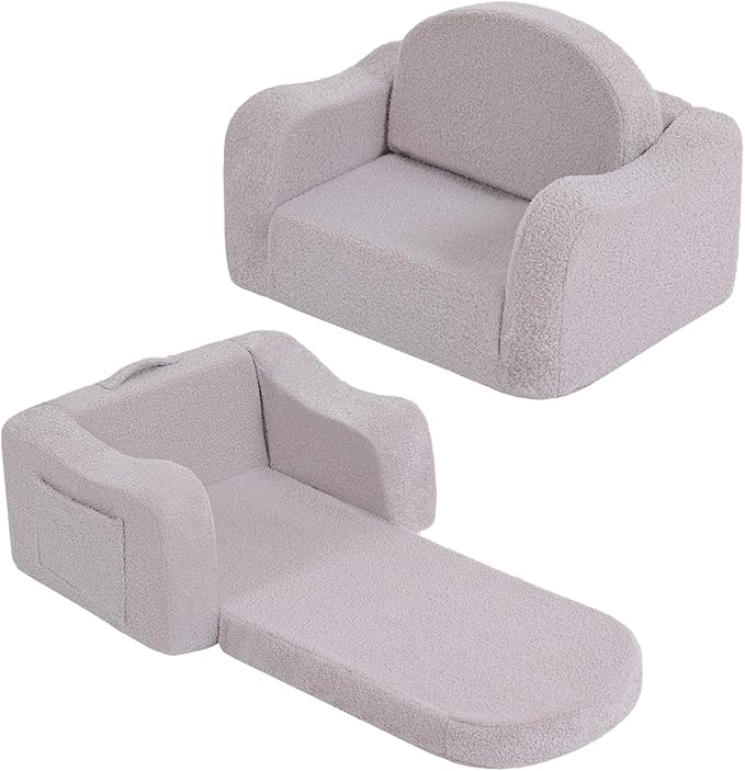 Welnow 2-in-1 Kids Sofa Chair, Convertible Toddler Chair Flip Out Children Sofa Chair with Wave Armrests Folding Kids Play Sofa with Side Pockets & Removable Cover Armchair for Girl or Boy-Ruum Studio Home
