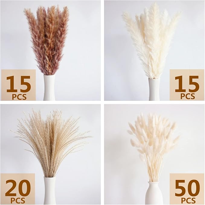100 PCS Dried Flowers Pampas Grass Bouquet, Boho Table Decor, Bunny Tails Dried Flowers, Brown Pompas, White Pampas Grass for Wedding, Home, Rustic Party, Baby Shower Decorations-Ruum Studio Home