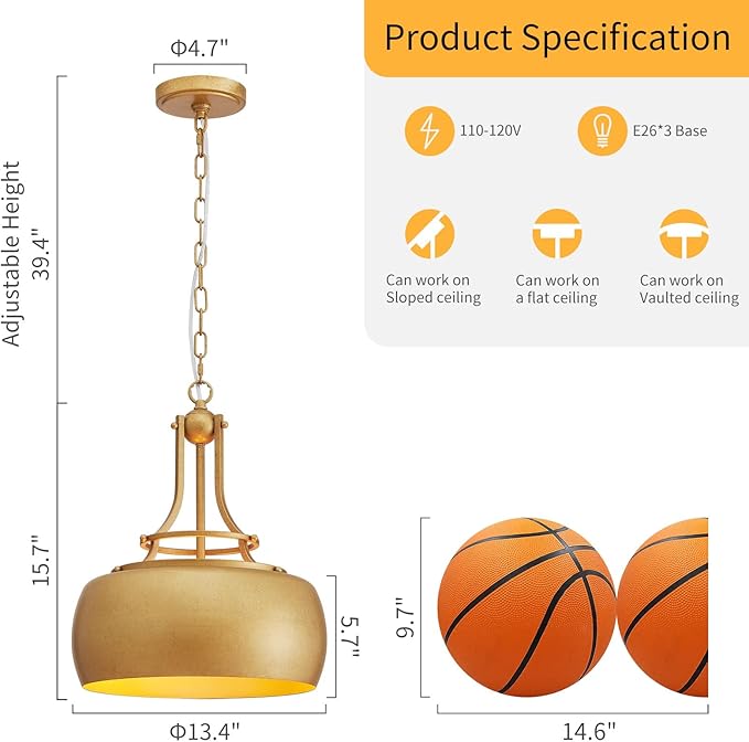 WUZUPS Chandelier Rustic Farmhouse Industrial Round Ceiling Pendant LED Light Fixture with Open Bottom Drum Shade, H 15.7" x W 13.4", Antique Gold-Ruum Studio Home