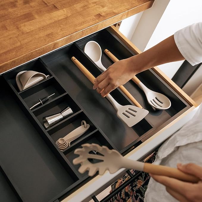 Adjustable Kitchen Drawer Organizer for Utensils and Junk, Food-Safe Contract Grade with 100% Sustainable Wood, Expandable from 19 to 33 Inches Wide - Black Bamboo-Ruum Studio Home