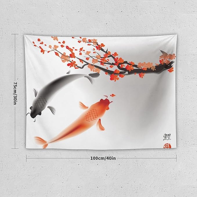 Japanese Koi Fish Tapestry, Cherry Blossoms Asian Oriental Flower Branch Koi Fish Carp Tapestries Wall Hanging for Bedroom Living Room Office Decor 40"x30"-Ruum Studio Home