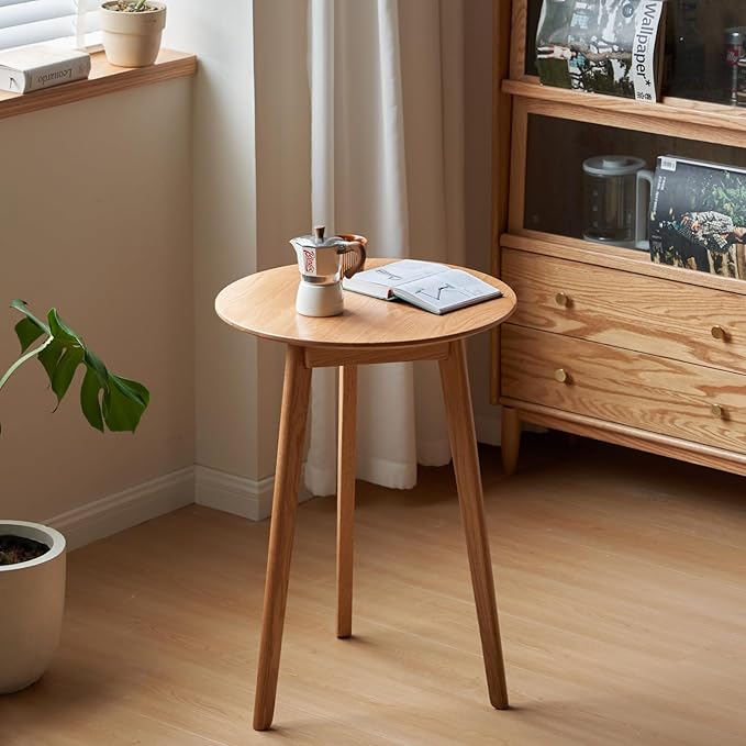 100% Solid Oak Small Tall Side Table, Mid Century Modern Coffee Table for Small Spaces, Living Room End Table with Stable Frame for Bedroom Couch, (Natural, 21.65" D x 21.65" W x 29.53" H)-Ruum Studio Home