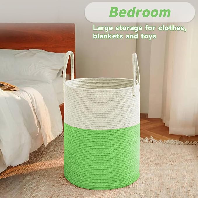 Large Woven Laundry Basket Hamper,60L Cotton Rope Storage Bin for Blankets,Toys and Clothes,Decorative Tall Nursery Hamper for Living Room,Baby Nursery,Bathroom and Bedroom,Light Green-Ruum Studio Home