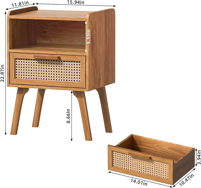 Lerliuo Rattan Nightstand, Side Table with Drawer Open Shelf, Cane Accent Bedside End Table with Solid Wood Legs, Mid Century Modern Night Stand for Bedroom, Dorm and Small Spaces (Tea Brown)-Ruum Studio Home