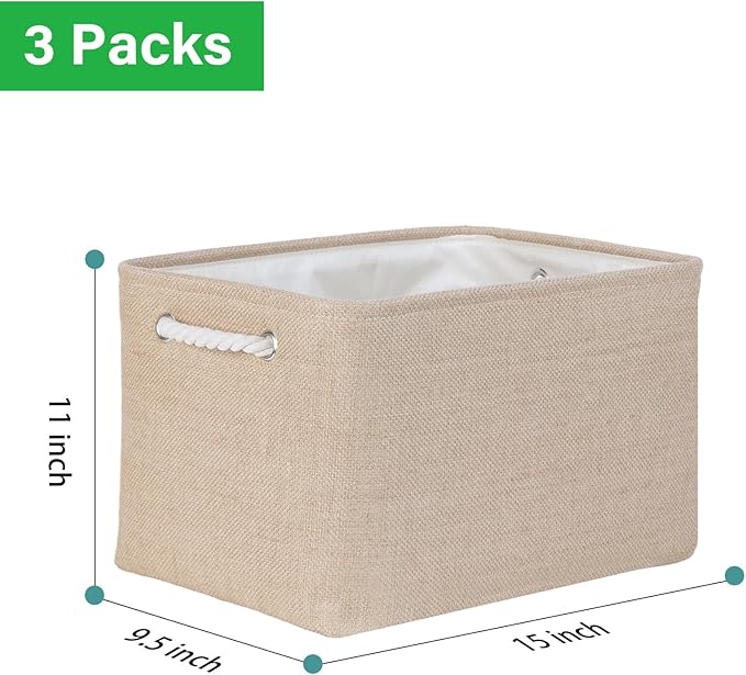 Bidtakay Large Storage Baskets for Shelves 3 Pack Fabric Storage Bins for Organizing Linen Collapsible Organizer for Closet-Flaxen-Ruum Studio Home