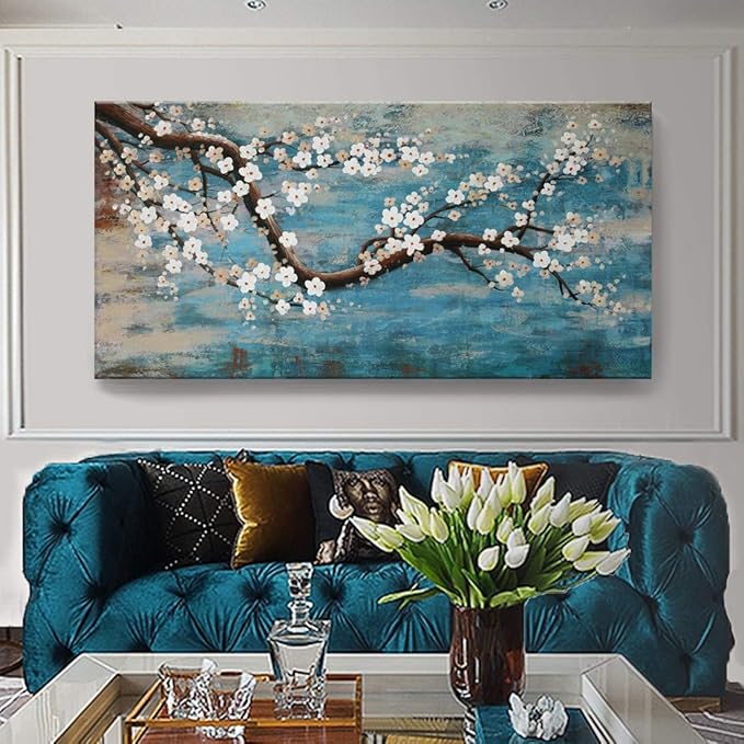 Huge Wall Art for Living Room 100% Hand-Painted Flower Oil Painting On Canvas Gallery Wrapped Floral Plum Blossom Artwork for Bedroom Office Decor One Panel 60x30inch Extra Large-Ruum Studio Home