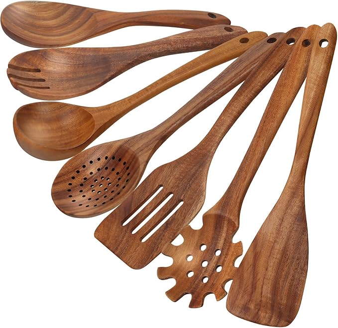 comfoyar Teak Wooden Spoons for Cooking, 7 Pieces Kitchen Cooking Utenails Set with Spatula and Ladle, Heat Resistant Kitchen Cookware for Nonstick Pan-Ruum Studio Home