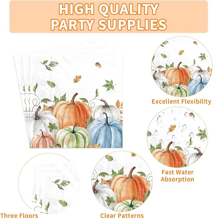 Grencian 200Pcs Fall Plates and Napkins Square Autumn Pumpkin Plates Thanksgiving Paper Platter Tableware Sets for Thanksgiving Harvest Party Decorations, Serves 50-Ruum Studio Home