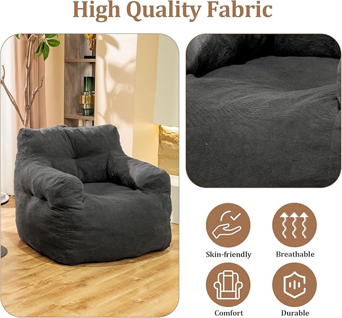 Giant Bean Bag Chair, Large Bean Bag Chair for Adults, Fluffy and Comfy Bean Bag Chair with Filler, Big Bean Bag Sofa Chair for Reading, Stuffed High-Density Foam, Grey-Ruum Studio Home