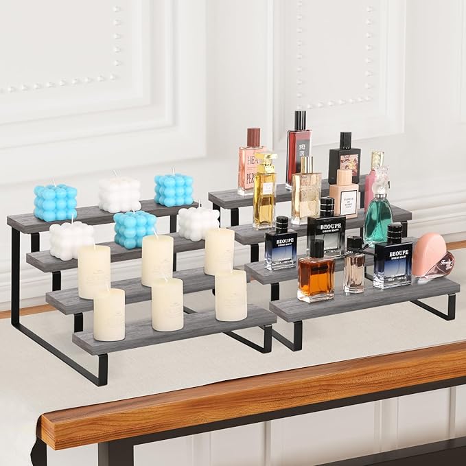YINMIT Wooden Display Riser Stand, Tiered Perfume and Cologne Organizer Stand, 4 Tier Spice Rack Organizer, Rustic Display Shelf for Candles (4 Tier,2Pack,Grey)-Ruum Studio Home