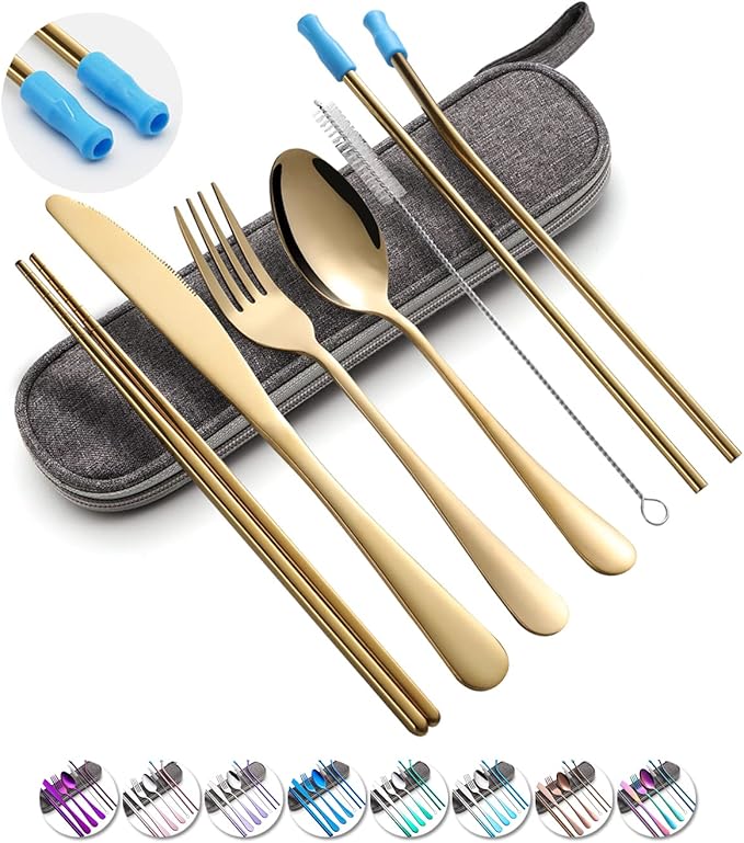 Travel Utensils Set with Case Reusable Portable Cutlery Set Stainless Steel 8pcs Including Dinner Knife Fork Spoon Chopsticks straws(Gold)-Ruum Studio Home