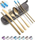 Travel Utensils Set with Case Reusable Portable Cutlery Set Stainless Steel 8pcs Including Dinner Knife Fork Spoon Chopsticks straws(Gold)-Ruum Studio Home