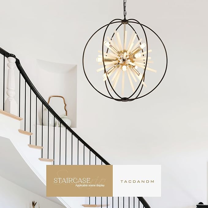 23.6" Black Gold 12-Light Globe Sputnik Chandelier Modern Adjustable Hanging Ceiling Glass Tube Pendant Light Fixture for Entryway Foyer Staircase Dining Living Room Hallway-Ruum Studio Home