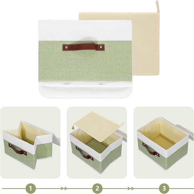 ANMINY Storage Boxes with Lids Washable Decorative Storage Bins Basket with PU Leather Handle Foldable Linen Fabric Storage Cubes Containers for Home Closet Organizer - Green White, Large Size-Ruum Studio Home