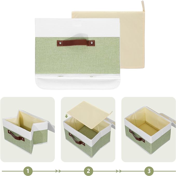 ANMINY Storage Boxes with Lids Washable Decorative Storage Bins Basket with PU Leather Handle Foldable Linen Fabric Storage Cubes Containers for Home Closet Organizer - Green White, Small Size-Ruum Studio Home