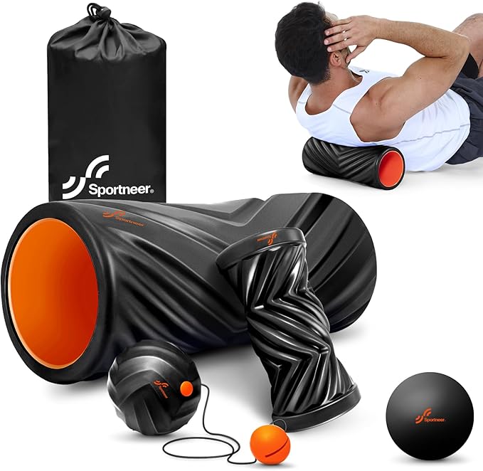 Sportneer 4 in 1 Foam Roller Set: Dual Textures Foam Roller, Foot Roller, Lacrosse Ball, Traction Massage Ball with String, Deep Massage Roller for Whole Body Release, Physical Therapy-Ruum Studio Home