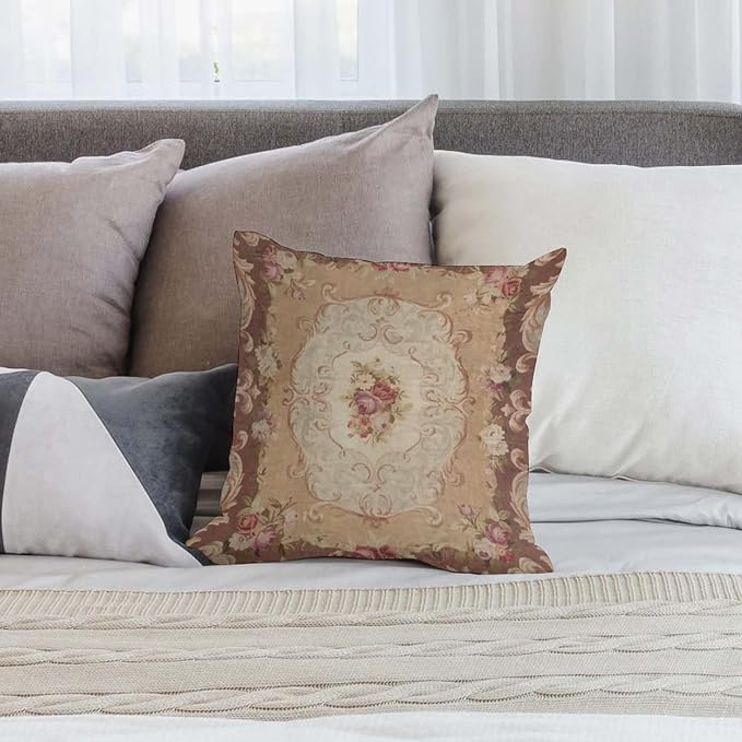 RURALS Antique Rose Floral French Aubusson Rug Decorative Pillow Covers Cozy Soft Throw Pillowcase Square Couch Cushion Cover for Home Decor Sofa Living Room Bed Car 18x18 Inch-Ruum Studio Home