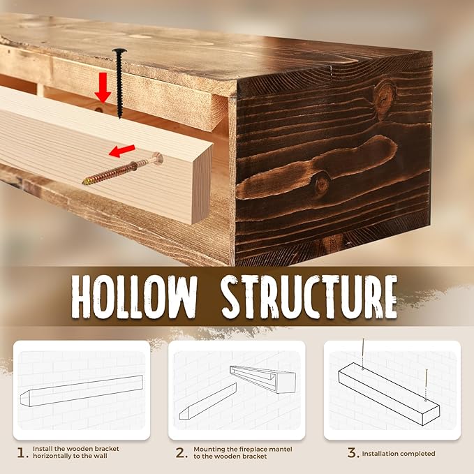 48x8x5 Fireplace Mantel - Handcrafted Hollow Rustic Solid Wood Wall Mounted Floating Shelf with Invisible Heavy Duty Wood Bracket (Weathered Brown)-Ruum Studio Home