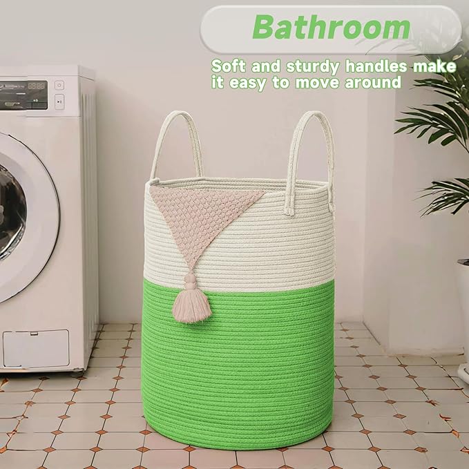 Large Woven Laundry Basket Hamper,100L Cotton Rope Storage Bin for Blankets,Toys and Clothes,Decorative Tall Nursery Hamper for Living Room,Baby Nursery,Bathroom and Bedroom,Light Green-Ruum Studio Home