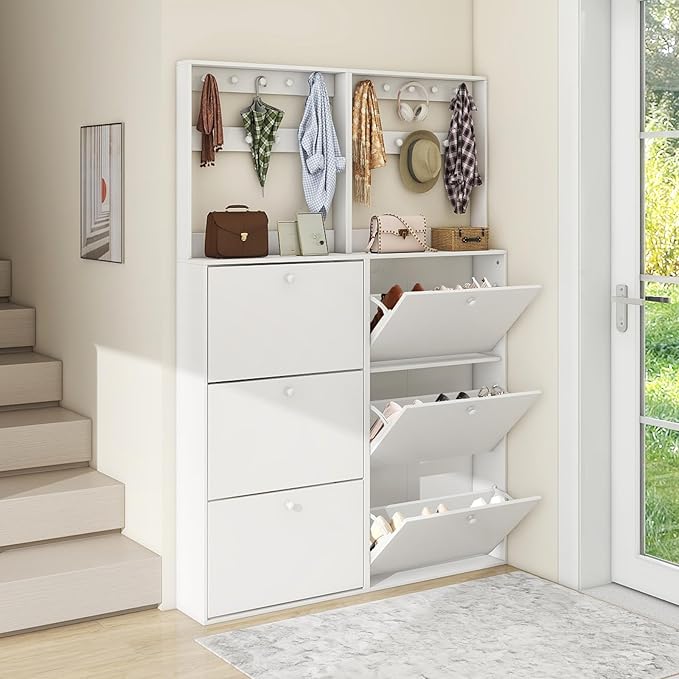 Shoe Storage Cabinet with 3 Flip Drawers, Narrow Shoe Cabinet with 9 Hooks Coat Rack, Freestanding Slim Shoe Storage Organizer for Entryway, Hallway, Entrance, Bedroom, Living Room, White-Ruum Studio Home