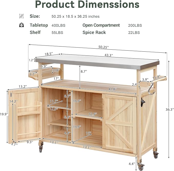 Outdoor Grill Table with Stainless Steel Top, Farmhouse Solid Wood Kitchen Island Cart with Internal Storage Rack, Outdoor Bar Cart with Storage Cabinet, Spice & Towel Rack, Natural-Ruum Studio Home