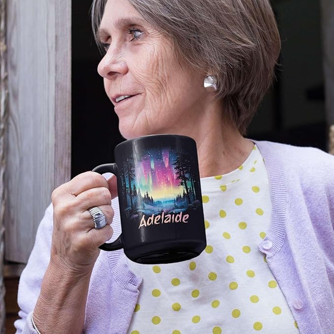 Personalized Winter Landscape Coffee Mug, Custom Northern Lights Ceramic Cup, Enchanted Forest With Vibrant Sky Mug, Custom Choose Name Black Mug 11oz 15oz, Gift For Nature Lovers-Ruum Studio Home