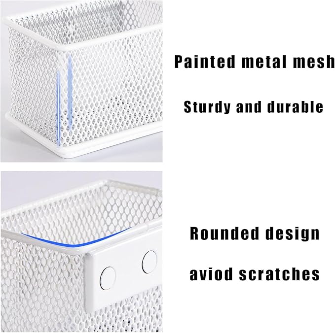 White Magnetic Basket, Magnetic Pencil Holder for whiteboard, Wire Mesh Magnetic Refrigerate Organizer, Magnetic shelf Desktop Storage, 3.42'' x 2.36'' x 2.55'',Set of 4-Ruum Studio Home