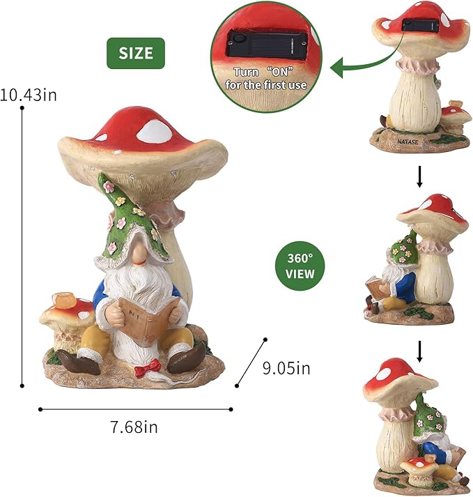 Upgraded Size Solar Garden Outdoor Statues Gnome Reading Under Mushroom with 5 LED Solar Figurine for Lawn,Patio,Balcony,Yard Decor Unique Housewarming Gift for Grandfather, Father,Grandma,Wen-Ruum Studio Home