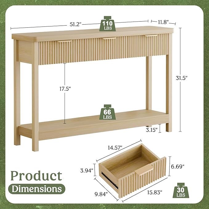 Lulive 51" Fluted Console Table for Entryway, Entryway Table with 3 Wooden Drawers, Farmhouse Behind Sofa Table for Living Room, Hallway, Couch, Foyer-Ruum Studio Home