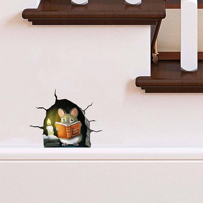 3D Mouse Reading Book in Mouse Hole, Decal Sticker, Removable Wall Decor, Book Lover Gift Idea, Baseboard, Wall Sticker Decal, Kids Room, Classroom, Library-Ruum Studio Home