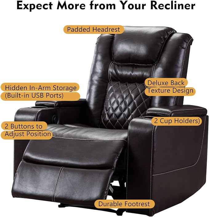 CANMOV Electric Power Recliner Chair with USB Ports and Cup Holders, Breathable Leather Home Theater Seating with Hidden Arm Storage (Brown)-Ruum Studio Home