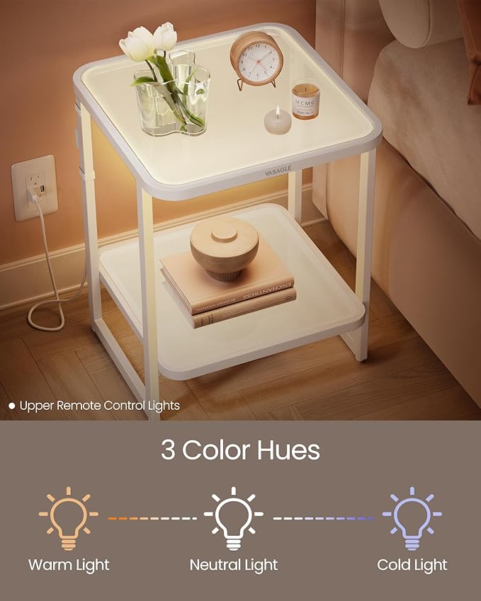 VASAGLE End Table, 2-Tier Side Table with LED Lights, Modern Nightstand, Square Bedside Table, Frosted Glass, Bottom Shelf, for Bedroom, Cloud White and Pearl White ULET232W01-Ruum Studio Home