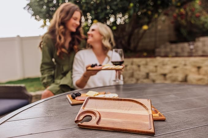 PICNIC TIME Rectangle Wine Appetizer Plates Set of 4, Cocktail Plate with Glass Holder, Cheese Board with Wine Holder, (Acacia Wood)-Ruum Studio Home