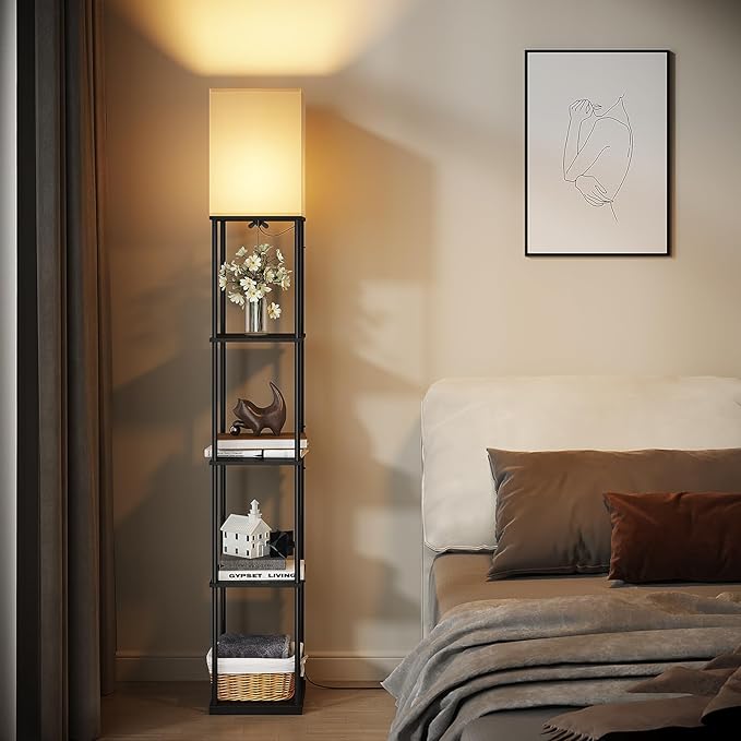 SUNMORY 5 Tier Floor Lamp with Shelves, Modern Square Standing Lamp with 3 Color Temperature Bulb, Corner Display Bookshelf Lamp for Living Room and Bedroom, Tall Shelf Floor Lamp-Ruum Studio Home